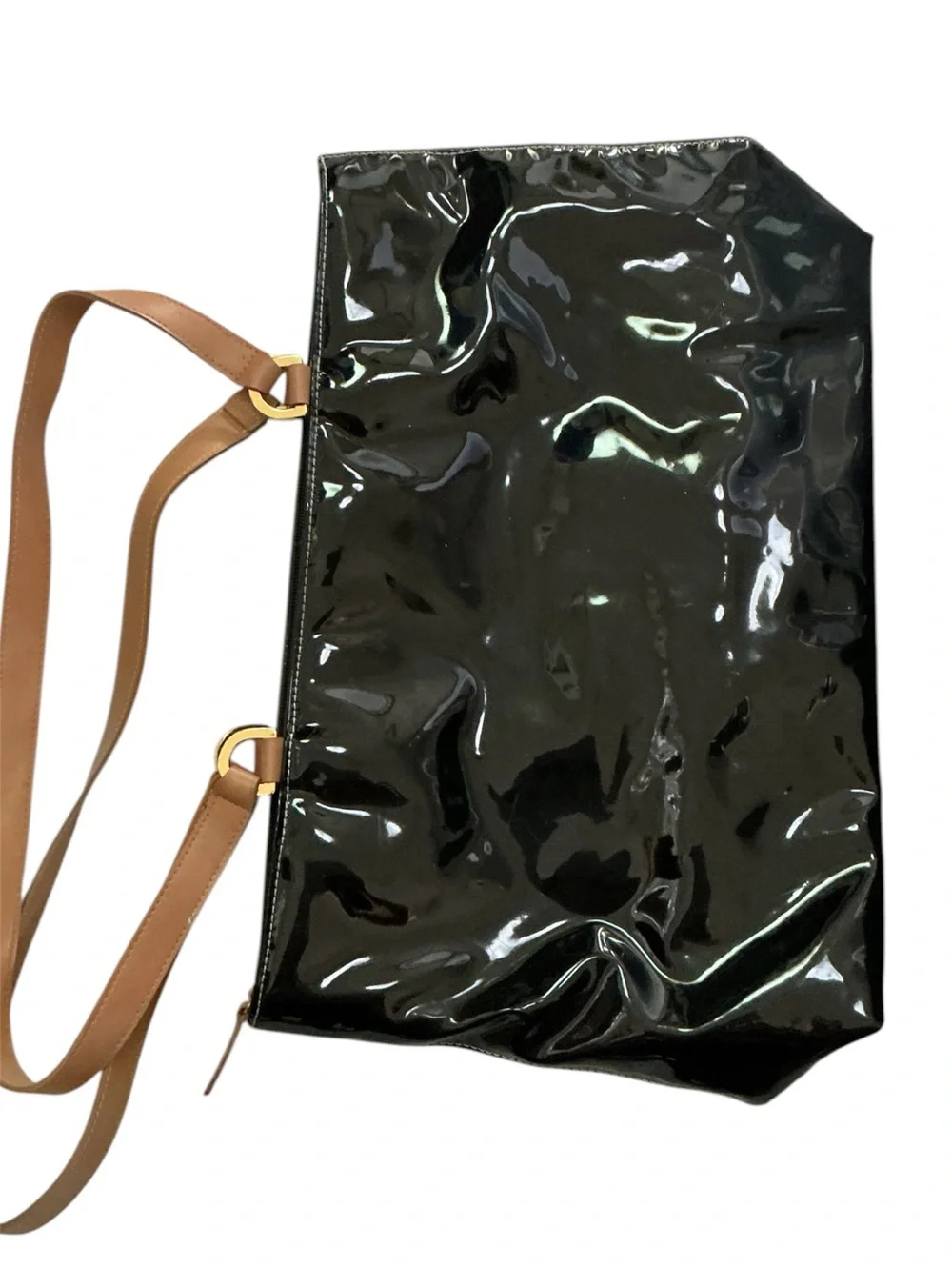 kathy ireland Black Patent Tote with Tan Accent Strap